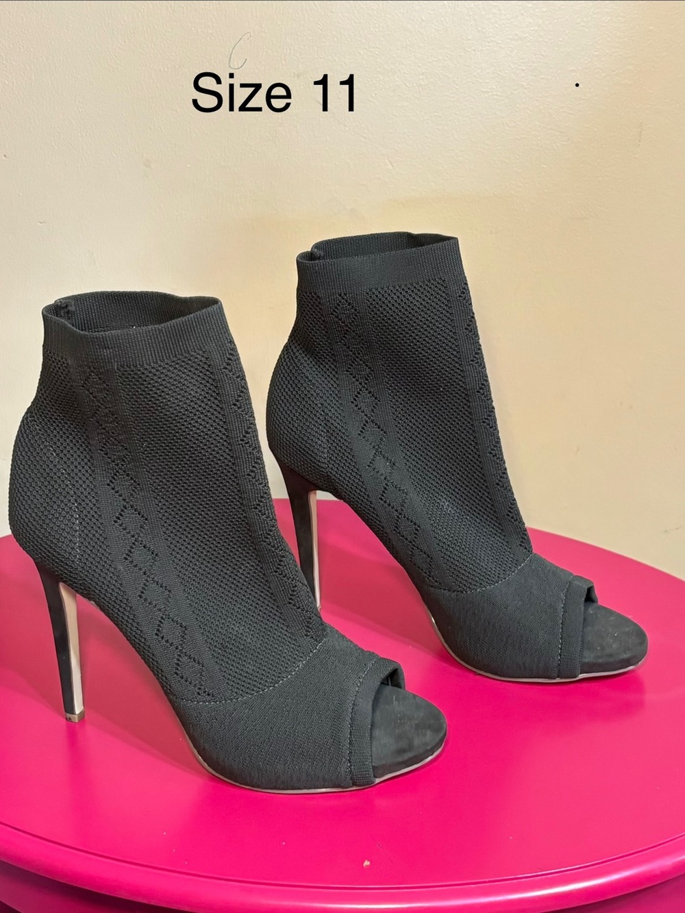 Women’s Black Peep-Toe Knit Ankle Boots size 11
